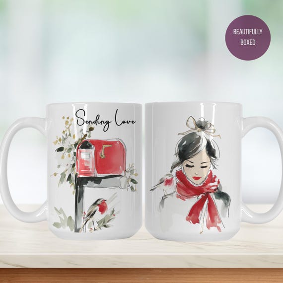 Sending Love Mug – Red & Black Watercolor – Artistic Gift for Her - Long Distance Friendship