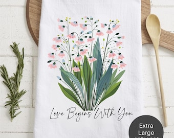 Floral 'Love Begins With You' Extra Large Tea Towel — Mother's Day Kitchen Decor