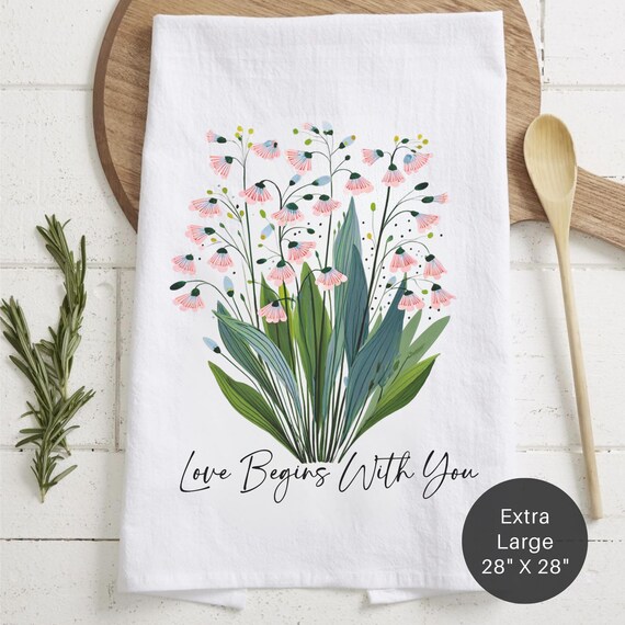 Floral 'Love Begins With You' Extra Large Tea Towel — Mother's Day Kitchen Decor