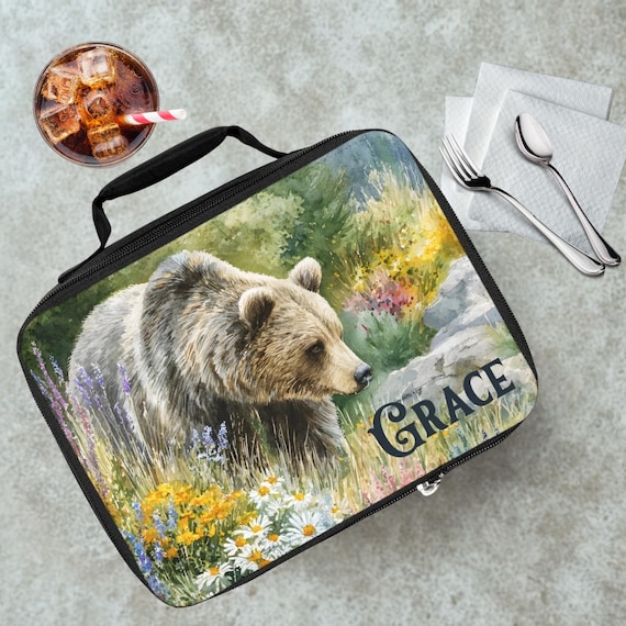 Grizzly Bear Floral Lunch Bag — Personalized Nature Insulated Lunchbox