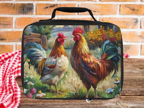 Watercolor Rooster & Hen Insulated Lunch Bag - Farm Chicken Tote