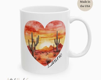 Desert Sunset Heart Ceramic Mug, Nature Lovers Bohemian Decor, Watercolor Cactus Design