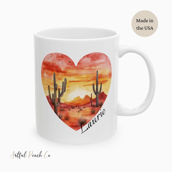 Desert Sunset Heart Ceramic Mug, Nature Lovers Bohemian Decor, Watercolor Cactus Design