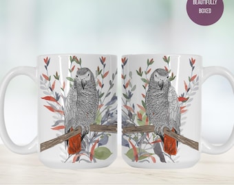 Grey Parrot Mug – Watercolor Floral Bird Lover Gift