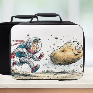 May include: Black lunch bag featuring a cartoon of an astronaut in a white spacesuit, running from a smiling potato. The astronaut has red gloves and boots. The potato is brown and has a cheerful expression.