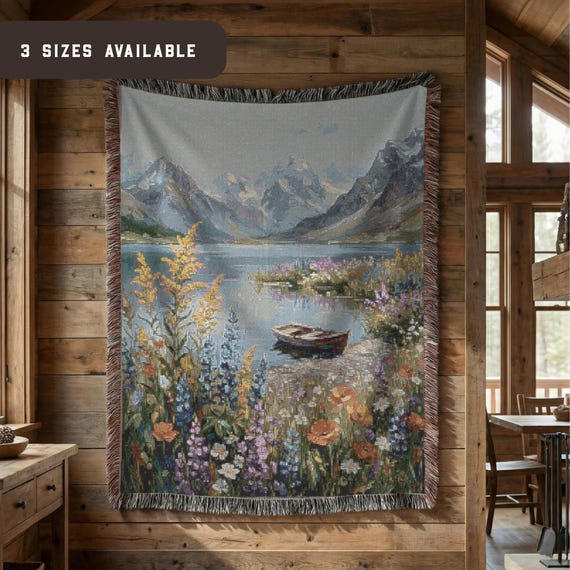 Mountain Wildflower Lake Woven Blanket - Floral Art Tapestry Throw