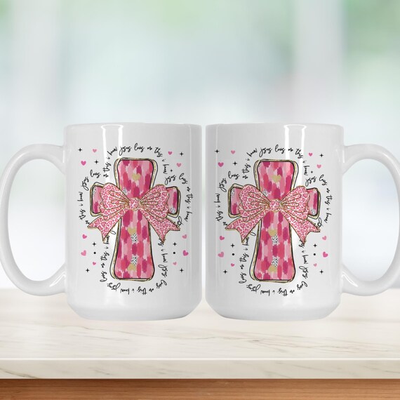 Jesus Loves Me Coffee Mug – Pink Cross & Bow, Christian Gift (15oz)