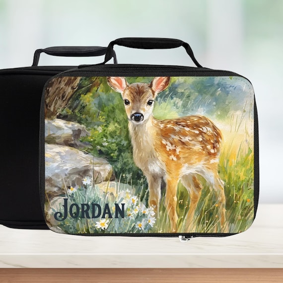 Personalized Woodland Fawn Insulated Lunch Bag — Custom Deer Lunchbox Animal Lover Gift