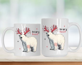 Christmas Polar Bear Mug – “Beary Deer" – Winter Coffee Cup - Gift Ready