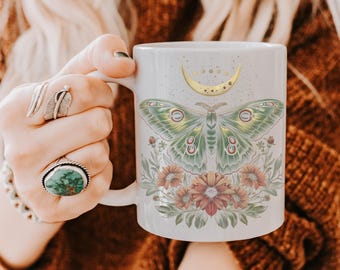 Celestial Moth Ceramic Mug: Green, Gold & Pink - Coffee Lover Gift
