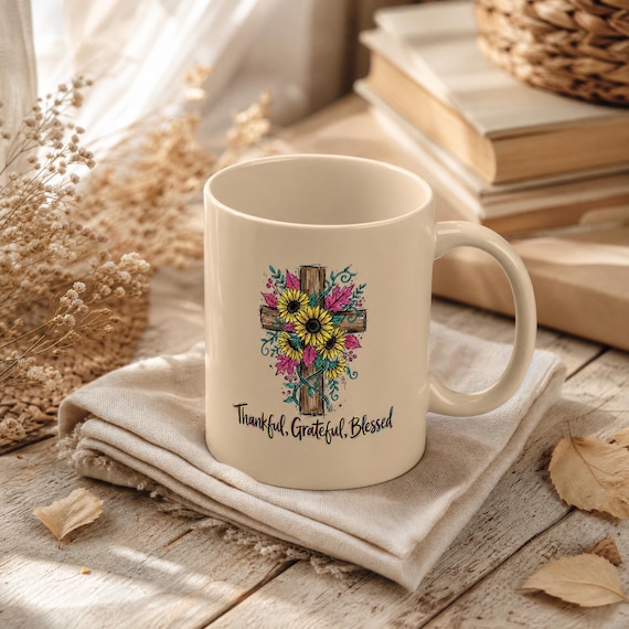 Sunflower Cross with "Thankful, Grateful, Blessed" Mug - Almond Full Color Ceramic Coffee Cup