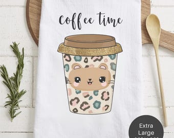 Kawaii Cat Coffee Time Tea Towel – Cute Kitchen Decor – Extra Large Flour Sack – Cat Lover Gift – Cozy Coffee Bar Accent