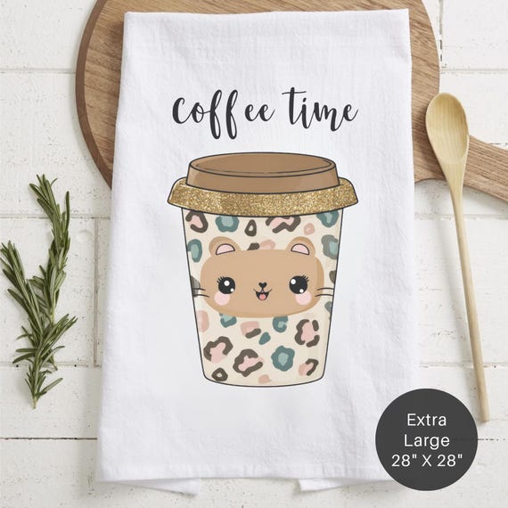 Kawaii Cat Coffee Time Tea Towel – Cute Kitchen Decor – Extra Large Flour Sack – Cat Lover Gift – Cozy Coffee Bar Accent
