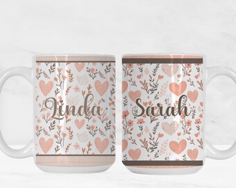 Personalized Peach Hearts Mug – Valentine's Day Gift, Floral Pattern