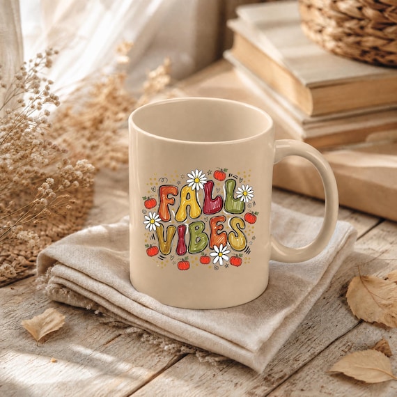 Full Color Fall Vibes Mug - Autumn Leaves, Pumpkins & Daisies
