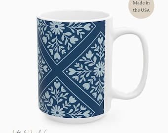 Elegant Blue Floral Dutch Folk Art Pattern Ceramic Mug