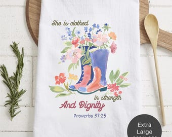 She Is Clothed In Strength Scripture Extra Large Tea Towel (Flour Sack)
