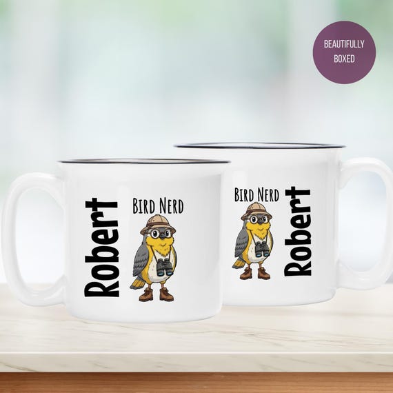 Personalized Bird Nerd Ceramic Camp Mug White 13oz - Avian Watcher Gift