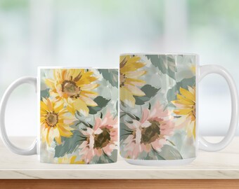 Hand-Drawn Watercolor Pink & Yellow Sunflower Pattern Ceramic Mug
