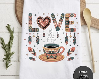 Boho Love & Coffee Extra Large Tea Towel (Flour Sack) - Housewarming Gift