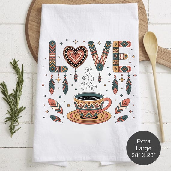 Boho Love & Coffee Extra Large Tea Towel (Flour Sack) - Housewarming Gift