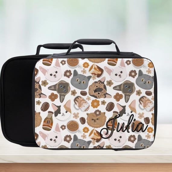 Personalized Cats & Coffee Insulated Lunch Bag - Adult Meal Tote - Cat Lover Gift
