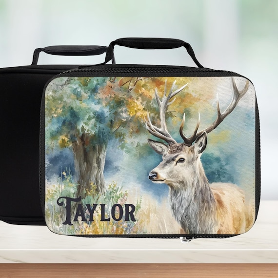 Personalized Deer Lunch Bag — Watercolor Stag Lunchbox