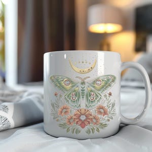 Celestial Moth Ceramic Mug: Green, Gold & Pink - Coffee Lover Gift