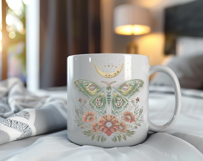 Featured listing image: Celestial Moth Ceramic Mug: Green, Gold & Pink - Coffee Lover Gift