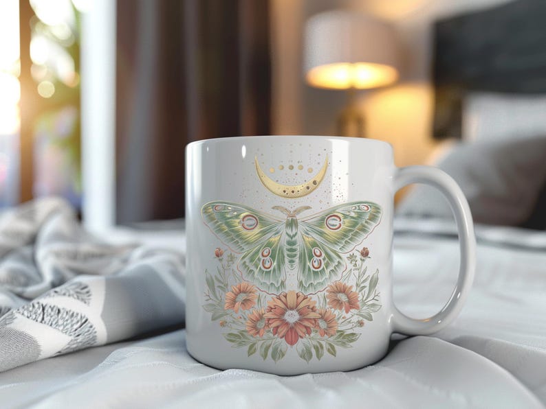 Celestial Moth Ceramic Mug: Green, Gold & Pink - Coffee Lover Gift image 1