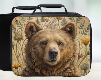 Floral Grizzly Bear Insulated Lunch Bag - Woodland Animal Lunchbox - For Kids & Adults