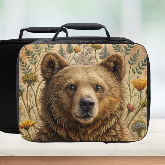 Floral Grizzly Bear Insulated Lunch Bag - Woodland Animal Lunchbox - For Kids & Adults