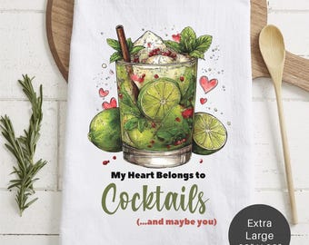 My Heart Belongs To Cocktails Extra Large Tea Towel (Flour Sack) - Kitchen Bar Decor