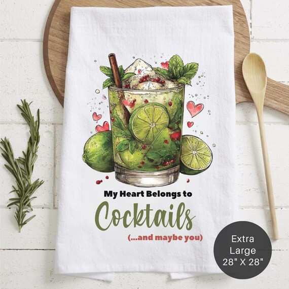 My Heart Belongs To Cocktails Extra Large Tea Towel (Flour Sack) - Kitchen Bar Decor