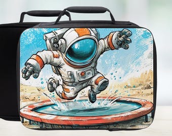 Astronaut Bouncing To Space Insulated Lunch Bag - Kids Cartoon Art Lunchbox