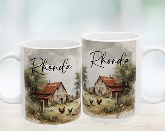 Personalized Rustic Chicken Farm Ceramic Mug — Country Morning Coffee Cup