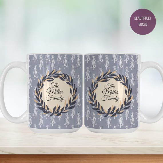Personalized Christmas Family Mug – Custom Name Holiday Wreath Coffee Cup – Neutral Modern Winter Gift
