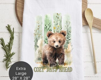 Bear Cub Tea Towel: Cozy Cabin Kitchen Decor - "Cozy Days Ahead"