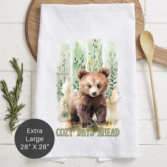Bear Cub Tea Towel: Cozy Cabin Kitchen Decor - "Cozy Days Ahead"