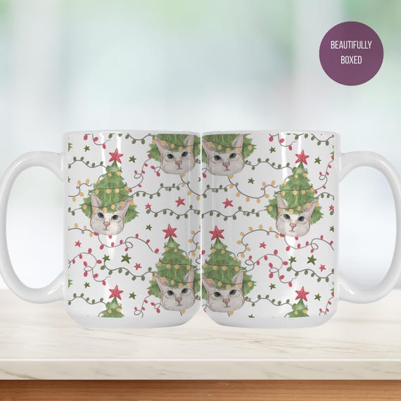 Christmas Tree Hat Cat Pattern Mug Deluxe 15oz. - Cat Mom Gift