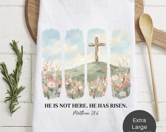Easter Cross Tea Towel – Christian Kitchen Decor, He Is Risen