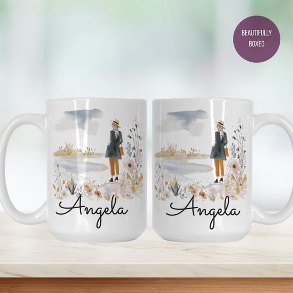 Personalized Watercolor Woman Lake Mug - Custom Ceramic Gift