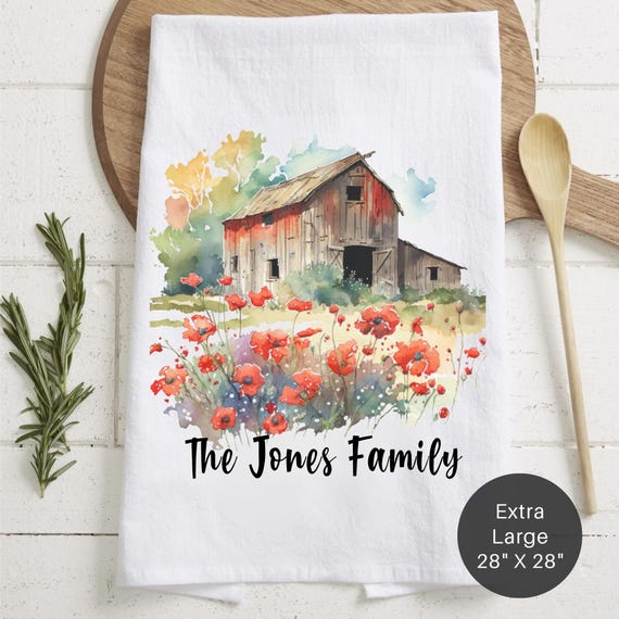 Personalized Barn & Wildflower Tea Towel —  Custom Rustic Kitchen Decor