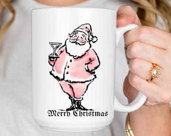 Pink Santa Doodle Mug – Funny Christmas Coffee Cup 15oz, Festive Martini Present