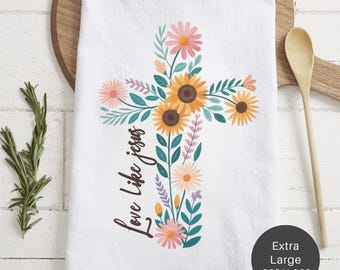 Flour Sack Extra Large Tea Towel - Wildflower Cross with Love Like Jesus