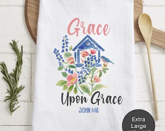 Grace Upon Grace Scripture Extra Large Tea Towel (Flour Sack) - Christian Housewarming Gift
