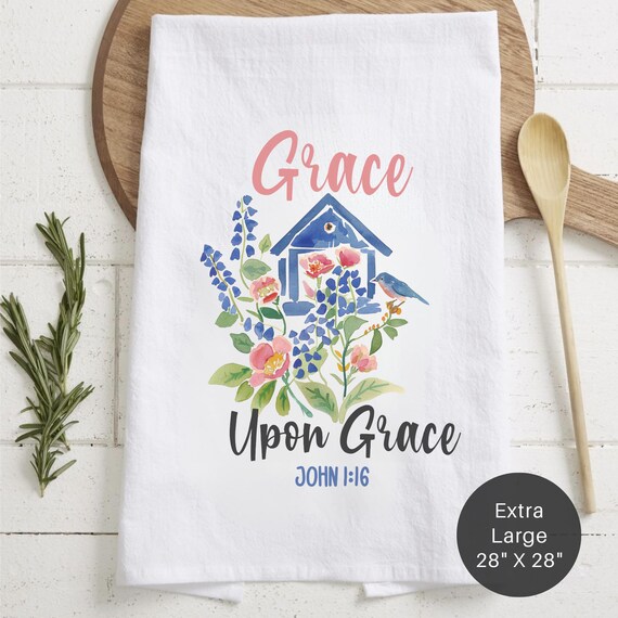 Grace Upon Grace Scripture Extra Large Tea Towel (Flour Sack) - Christian Housewarming Gift