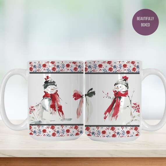 Christmas Snowmen Mug: Watercolor Floral Ceramic Coffee Mug (15oz)
