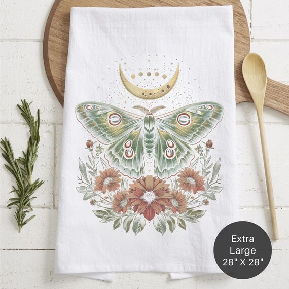 Celestial Lunar Moth Extra Large Tea Towel (Flour Sack) - Witchy Gift