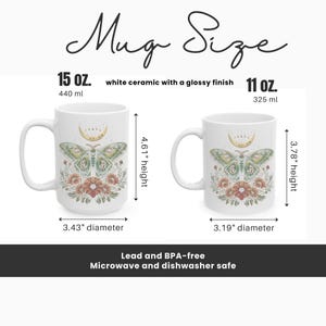 May include: White ceramic mugs with a glossy finish, featuring a moth and floral design. The larger mug is 4.61 inches tall with a 3.43-inch diameter, holding 15 oz. The smaller mug is 3.78 inches tall with a 3.19-inch diameter, holding 11 oz. Lead and BPA-free, microwave and dishwasher safe.
